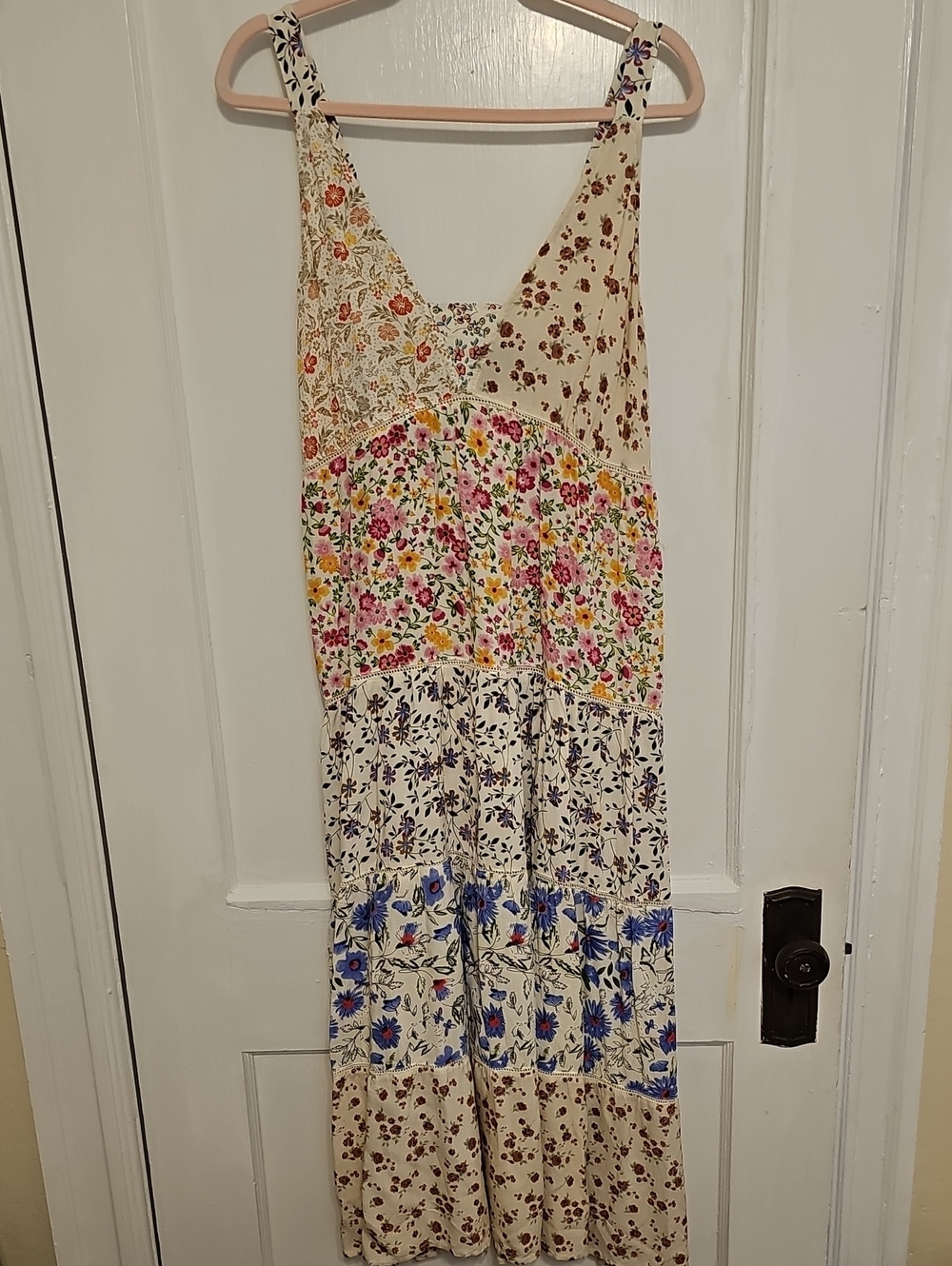 fab'rik Cream Patchwork Floral Maxi Dress with Pink, Blue and Yellow Accents